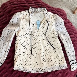 LOFT Cream and Black Dotted Ruffle Blouse